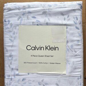 NEW Calvin Klein Blue Airy Botanical Queen Size Cotton Sateen Sheet Set